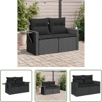 The Living Store Canapé de jardin avec coussins 2 places noir Poly rotin