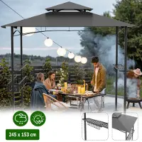 XMTECH Pavillon BBQ 244 x 153 x 250 cm Anthracite Acier Barbecue Pavillon étanche stable résistant à l'hiver avec toit double couche, gris foncé