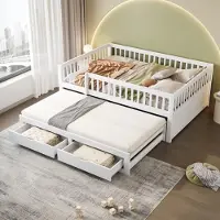OKWISH Canapé-lit 140 x 200 cm avec barrière de sécurité, lit gigogne avec 2 tiroirs, sommier inclus – blanc (sans matelas)