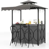 Costway Pavillon de barbecue 3 pièces avec bar & 2 tabourets de bar, pavillon de jardin avec double toit & store, abris de barbecue résistant aux intempéries, 193x117x240cm Gris
