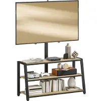 HOMCOM Meuble TV avec support orientable 35°, meuble télé pour téléviseurs de 32-70 pouces, étagères ouvertes, banc TV industriel pour salon chambre à coucher, 108x41x135cm, effet bois naturel