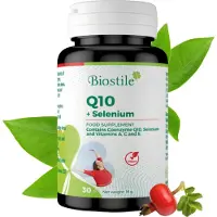 Biostile Q10 + Sélénium – 30 capsules contenant de la coenzyme Q10, du sélénium et des vitamines A, C et E.