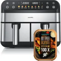 Arendo Friteuse à air chaud XXL, double chambre, Dual Zone, Airfryer 9L avec papier sulfurisé, déshydrateur, 2400 W, 8 programmes, écran tactile, système de convection 3D
