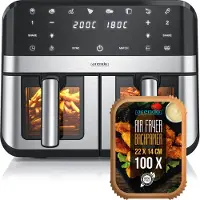 Arendo Friteuse à air chaud XXL, double chambre, Dual Zone , Airfryer 9L avec papier sulfurisé, hublot avec éclairage, 2400 W, 8 programmes, écran tactile, système de convection 3D
