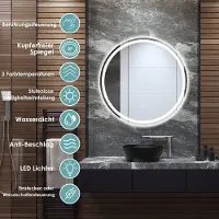 Northio Miroir de salle de bain rond à LED pour montage mural 3000 K-6000 K Ø 60 cm