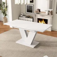 Flieks Table de salle à manger rectangulaire, table de cuisine extensible avec pieds en V, table extensible pour 4-8 personnes, 120-160x80x75.5cm, Blanc