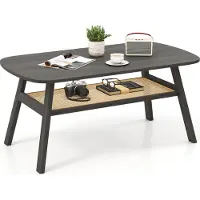 Costway Table basse à 2 niveaux, table rectangulaire avec étagère en rotin & pieds en hévéa, table de cocktail rustique de campagne pour le salon