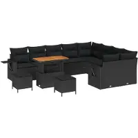Syfax Salon de Jardin Modulable 12 pcs, Canapé Extérieur Polyrotin Noir, Bois d'Acacia, Résistant UV, Capacité 11, Tablette Réglable, Coussins Lavables