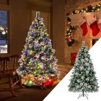 Costway 180cm Arbre de Noël artificiel LED, Sapin illuminé avec pommes de pin & baies rouges & support métallique, 11 modes d'éclairage, Sapin de Noël en PVC Artificiel Noël, vert