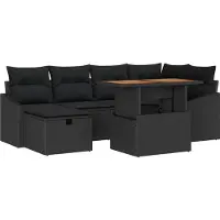 Syfax Ensemble de canapés de jardin modulable 7 pièces, mobilier d'extérieur moderne en polyrotin et bois d'acacia massif, 6 places, Noir