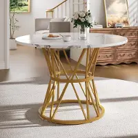 SUCCESS COURIER Table de salle à manger ronde de luxe (Ø 100 cm) aspect marbre blanc, table de cuisine moderne avec pied doré, table de salle à manger robuste pour 4 à 6 personnes, blanc/doré