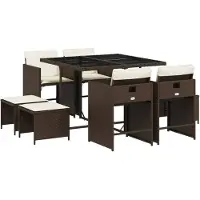 Syfax Ensemble à manger de jardin et coussins 9 pcs marron poly rotin