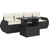 Syfax Salon de jardin 5 pcs, résine tressée noire, cadre acier poudré, table relevable verre trempé, rangements étanches, coussins déhoussables blanc crème