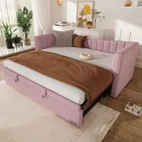 Ulife Canapé-lit multifonctionnel avec lit gigogne, au style minimaliste, facile à nettoyer et à monter - 90 x 200 cm / 180 x 200 cm, rose