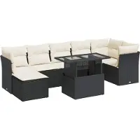 Syfax Salon de Jardin Modulable 8 Pièces, Résine Tressée Noire, Coussins Blanc Crème, Table Relevable, Rangement Intégré, Acier Enduit, Résistant aux UV