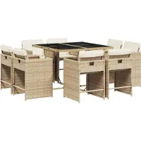 Syfax Ensemble à manger de jardin et coussins 9 pcs beige Poly rotin