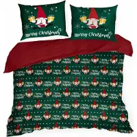 Eurofirany | Xmas linge de lit - 160 x 200 cm - Vert Rouge - Garniture de lit - Lutins de Noël - Noël