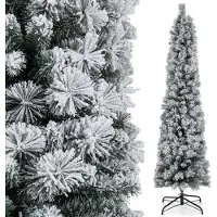 Costway 180 cm Crayon Sapin de Noël avec neige, Sapin artificiel avec éclairage, 150 LEDs en blanc chaud, Sapin de Noël étroit avec support métallique, Sapin artificiel de Noël PVC, Blanc