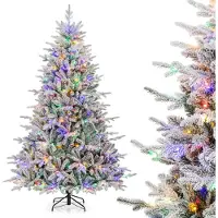 Costway Arbre de Noël artificiel 210cm, sapin floqué avec 350 LED multicolores, 8 modes d'éclairage & 1164 pointes de branches, arbre de Noël illuminé