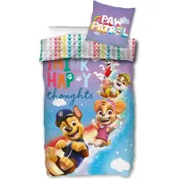 Faro Parure de lit enfant Paw Patrol Think Happy thoughts Chase Marshall Rubble Skye Arc-en-ciel Patte Nuages Etoiles Couette 140 x 200 + oreiller 70 x 90 cm 100% coton