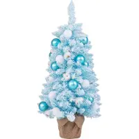 Costway Mini sapin de Noël artificiel 90cm, Petit sapin avec neige, 136 pointes, 12 boules de ouate, 24 boules de Noël & base en ciment, bleu