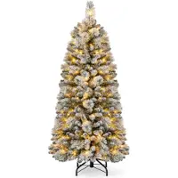 Costway Sapin de Noël artificiel 150 cm avec éclairage, Pop Up Sapin de Noël avec 130 lumières LED blanc chaud & 378 pointes de branches, arbre de Noël floqué