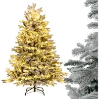 Costway Arbre de Noël artificiel 135cm, Sapin 688 branches mixtes avec neige, 200 LEDs blanc chaud, Sapin de Noël, blanc vert