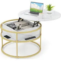 Costway Table basse avec plateau élévateur, table centrale ronde de 80 cm avec compartiment caché et étagères latérales, table de cocktail d'accent à 2 niveaux avec cadre métallique