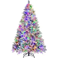 Costway Sapin de Noël artificiel 210cm, Sapin avec neige et cônes, 8 modes d'éclairage & 1270 PE pointes de branches PVC, Sapin de Noël, Arbre artificiel Noël