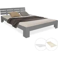 Homestyle4u Lit double avec matelas et sommier 140x200 Lit gris pin massif Cadre de lit en bois Lit futon