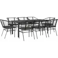 Syfax Ensemble à manger de jardin coussins 9pcs noir poly rotin verre