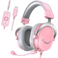 Fifine Casque Over-Ear Gaming Headset avec micro amovible Casque USB avec câble, Rose