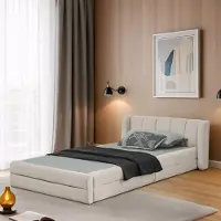 Sweiko Lit simple 90x200 cm, tissu chenille agréable pour la peau, dossier confortable, convient aussi comme lit d'enfant, beige (sans matelas)
