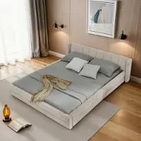 UnboxG Lit double 160×200cm, tissu chenille, dossier confortable, cadre robuste en eucalyptus et fer, facile à monter, beige (sans matelas)