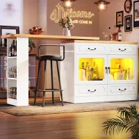 Flieks Table de bar mangeable pivotant à 360°, table de repas avec Led, table de cuisine avec fonction Usb, lecture de musique et microphone, 135-203x39x92.8 cm, Blanc