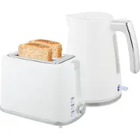 HOMCOM Ensemble bouilloire et grille-pain en acier 2200 W et 1,7 L, bouilloire à thermostat Otter, filtre anticalcaire, grille-pain 2 tranches, 7 niveaux de brunissage et plateau à miettes, blanc