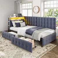 OKWISH Lit Banquette 90x200 cm, lit simple avec 2 tiroirs et bande LED, port USB et Type-C, sans matelas - Gris foncé
