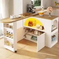 Flieks Table de bar extensible Table de salle à manger avec rangement, table de cuisine avec Led et Usb, 135-205x39x100 cm, Blanc