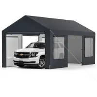 Costway Tente garage Carport 595x300cm, Tente de garage avec 8 parois latérales amovibles, portes roulantes & fenêtres ventilées, Tente de pâturage, Abri de garage