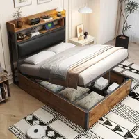 OKWISH Lit Coffre 90x200 cm - Lit Simple avec Tête de Lit Rembourrée et Rangement, Lit en Bois et Métal avec USB et Type-C, Sans Matelas - Noir
