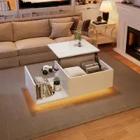 OKWISH Table Basse Relevable avec LED et Rangement Caché - Meuble de Salon Blanc avec Plateau Réglable, 100×50×33 cm