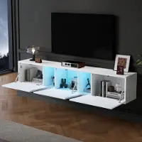 OKWISH Meuble TV Mural avec 3 Portes - Éclairage LED via Application Mobile, pour Salon - 180x35x30 cm - Blanc