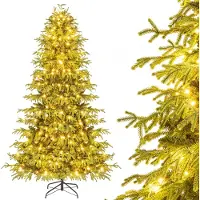 Costway Sapin de Noël artificiel 210cm avec 1090 pointes de branches&370 lumières LED blanc chaud, Sapin de Noël Arbre artificiel éclairage de Noël vert