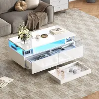OKWISH Table Basse Moderne - Meuble de Salon Blanc avec 2 Tiroirs et LED Intégrée, Verre Trempé, 100x50x31 cm