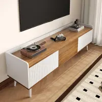 OKWISH Meuble TV design coloré, structure compacte, finition bois naturel, 3 portes – blanc + naturel