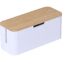 Relaxdays Boîtier de rangement pour multiprise , en bambou, avec couvercle, dimensions : 14,5 x 34 x 11 cm, pour dissimuler les câbles, boîtier pour multiprise, naturel/blanc