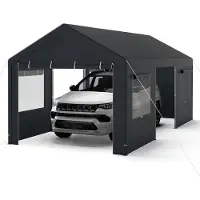 Costway Tente de garage Carport, 586x305cm Pavillon Tente de garage résistante à l'hiver, tente de stockage avec parois latérales amovibles, portes à enroulement & fenêtres ventilées Gris