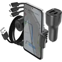 Avizar , Pack d'accessoires pour voiture Chargeur USB-C + câble 3en1 + support de téléphone portable, Noir