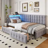 MODFU Lit Banquette 90x200 cm avec rangements, 2 tiroirs et éclairage LED, ports USB et Type-C, sans matelas - Gris clair