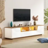 Merax Armoire TV 180x40x46cm, TV Lowboard pour TV jusqu'à 75 pouces, Meuble TV avec éclairage LED contrôlable par app, façade brillante, blanc+couleur bois
